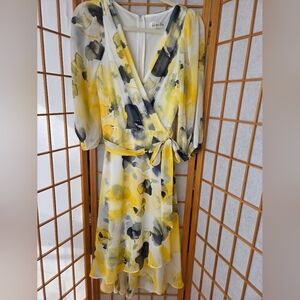 NWT HARPER ROSE IVORY/LEMO CHIFFON BALLOON SLEEVE WRAP HIGH/LOW DRESS SIZE 8